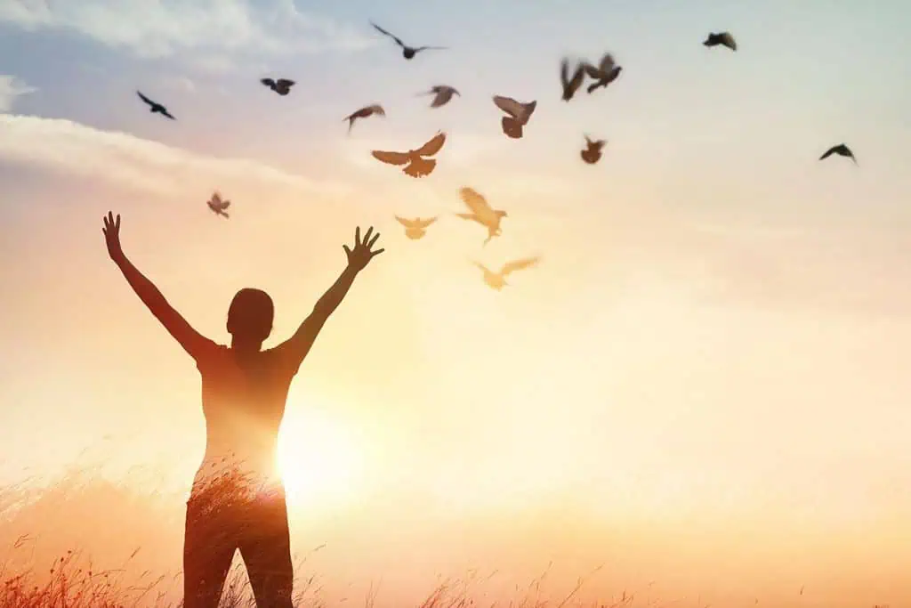 person with hands up and birds flying over